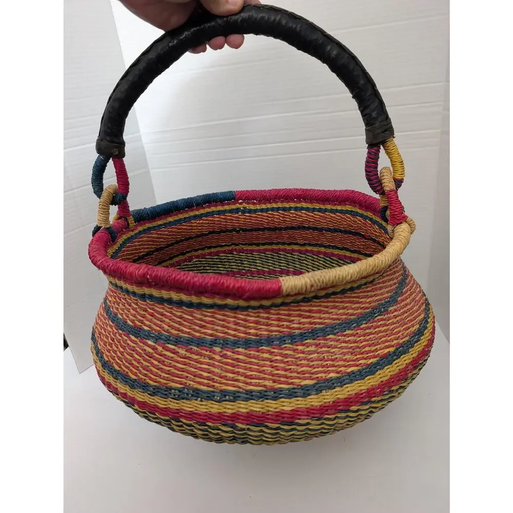 Vintage African Bolga Market Basket, Colorful Woven Ghana Shopping Tote